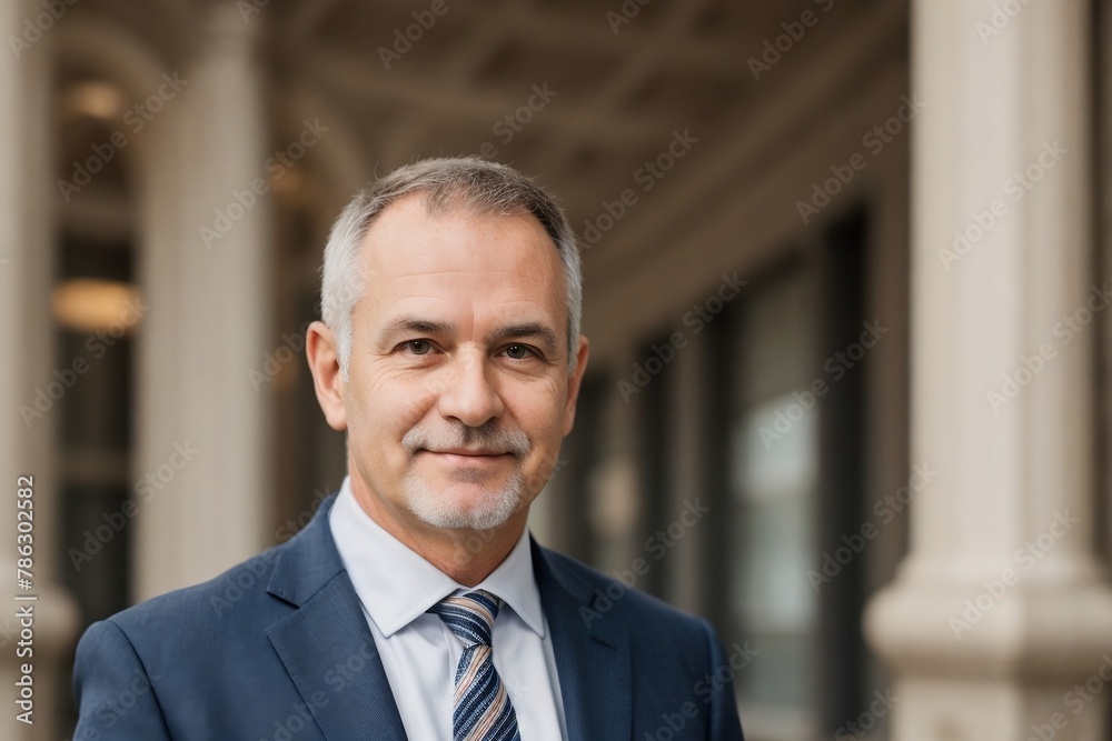 Fototapeta premium Male university professor standing with arms crossed confidently looking at the camera with copy space.