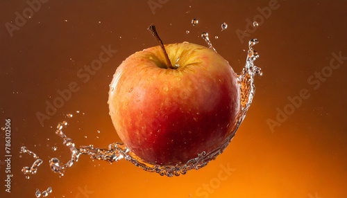 Close-up of levitating fresh apple with splashes of water. Tasty and healthy food. Organic fruit.
