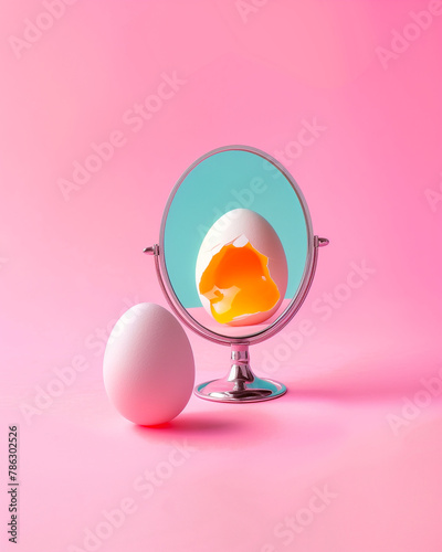 Pink easter egg looks in the mirror and sees half broken open egg and yolk spilling out as a reflection. Pastel pink background. Minimal food and Easter idea advertising-inspired