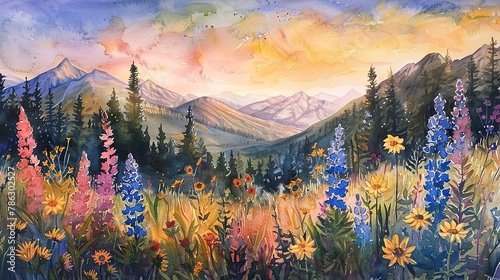 Alpine meadow in watercolors, wildflowers, mountain backdrop, golden hour 