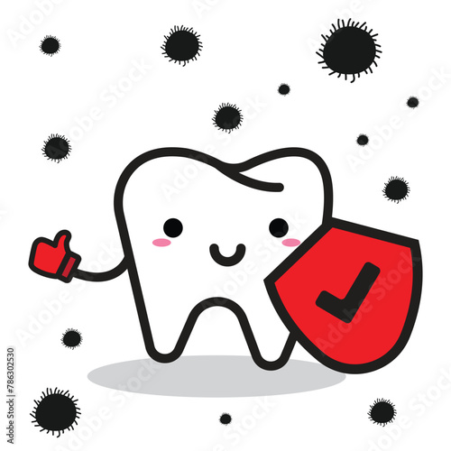 The tooth power mascot is blocking the germs that will destroy the teeth. seamless pattern of dental care