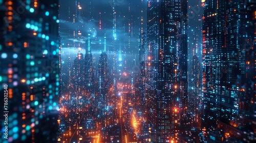 An image of a smart city fabricated with cyberspace and metaverse digital data, the Internet and big data of cloud computing, and the analysis of 5G connection data. photo