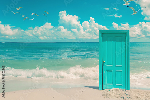 Gateway to Serenity Turquoise Door Standing on a Sandy Beach with Seagulls Flying Overhead