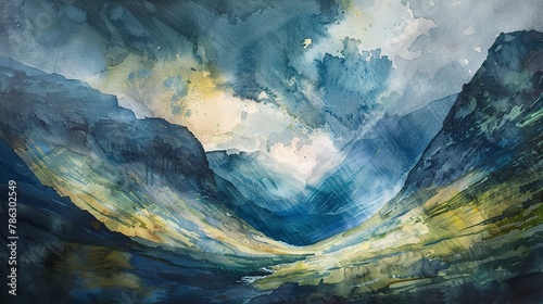 Watercolor mountain pass, stormy sky, dramatic lighting, wide angle lens 