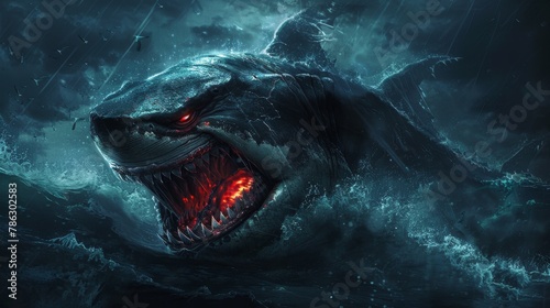 Fierce glowing-eyed shark emerging from ocean depths with open jaws in a tempestuous sea scene