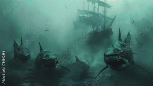Surreal scene of sharks approaching a ghostly ship in a fog-shrouded underwater world photo