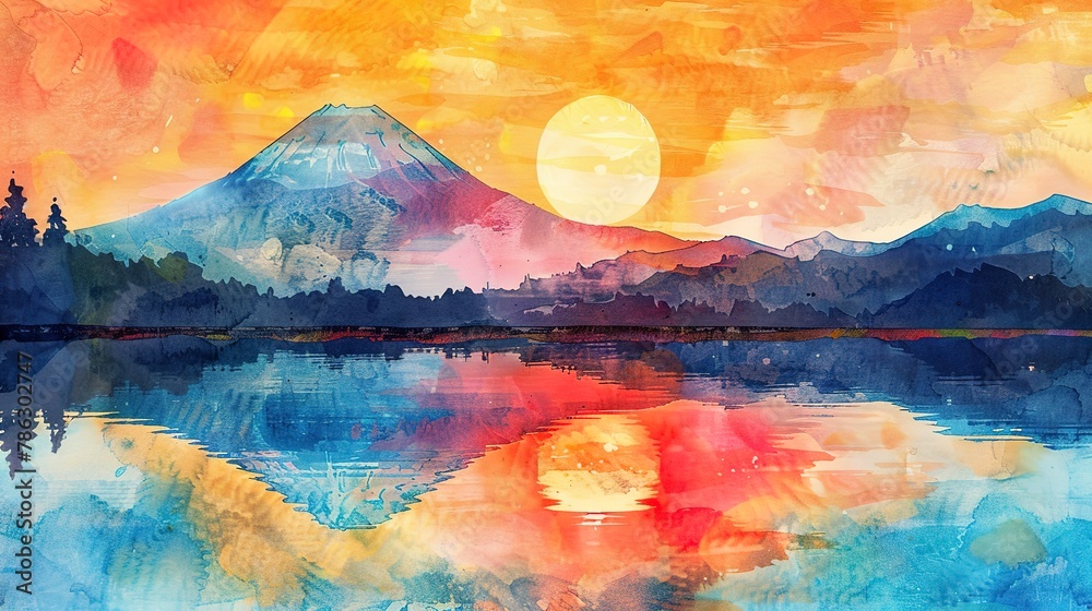Vibrant sunset behind watercolor Mount Fuji, silhouette, tranquil lake view