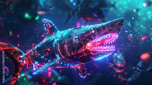 Cybernetic shark gliding through a futuristic underwater world with vibrant neon accents photo