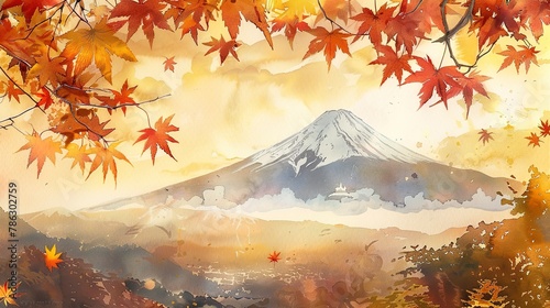 Watercolor Mount Fuji seen through autumn leaves, golden hour lighting  photo
