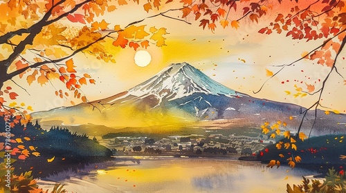 Watercolor Mount Fuji seen through autumn leaves, golden hour lighting  photo