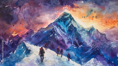 Mount Everest in watercolor, sunrise hues, climbers ascending, vibrant