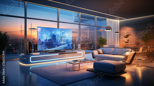 A modern living room with smart devices seamlessly integrated, such as a smart thermostat, lighting, and home assistant. photo