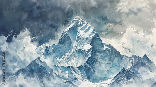 Mount Everest in watercolor, sunrise hues, climbers ascending, vibrant
