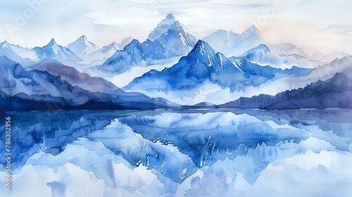 Serene watercolor, Everest reflected in a glacial lake, dusk colors 
