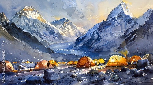 Watercolor view from Everest Base Camp, tents aglow, evening light 