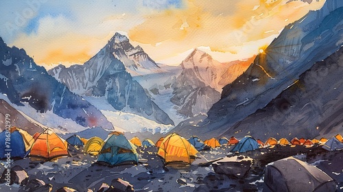 Watercolor view from Everest Base Camp, tents aglow, evening light --ar 16:9 Job ID: b8e81490-2e96-4e2f-a091-ab300d73cc74
