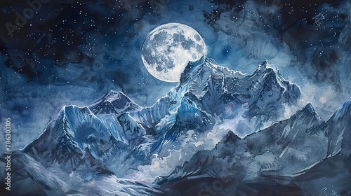 Watercolor of a full moon over Everest, night sky, silvery light