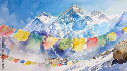 Watercolor, Everest seen through prayer flags, bright colors, clear day