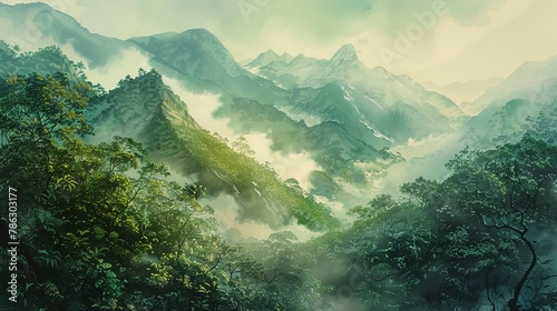 Misty watercolor of Andes peaks  lush greenery  early morning light 
