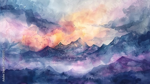 Watercolor of Andes during a thunderstorm, dramatic clouds, intense colors