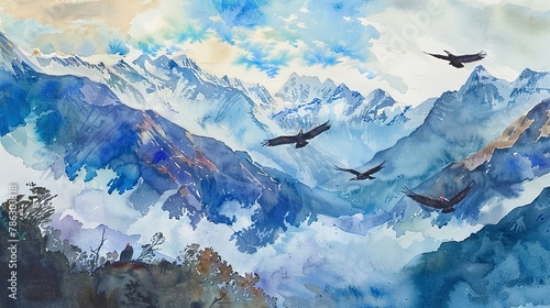 Andes mountains with condors soaring, watercolor, dynamic sky, midday 