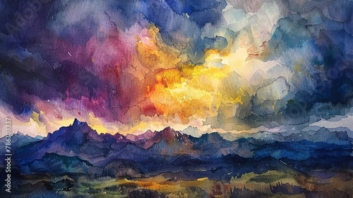 Watercolor of Andes during a thunderstorm, dramatic clouds, intense colors 