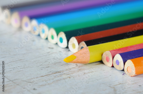 Crayons, colored pencil set arrangement with shallow depth of field, creativity,advertising business, drawing and art concept,free copy space.
