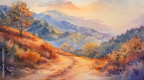Watercolor of Andes' foothills, golden hour, warm tones, tranquil path  © Thanthara