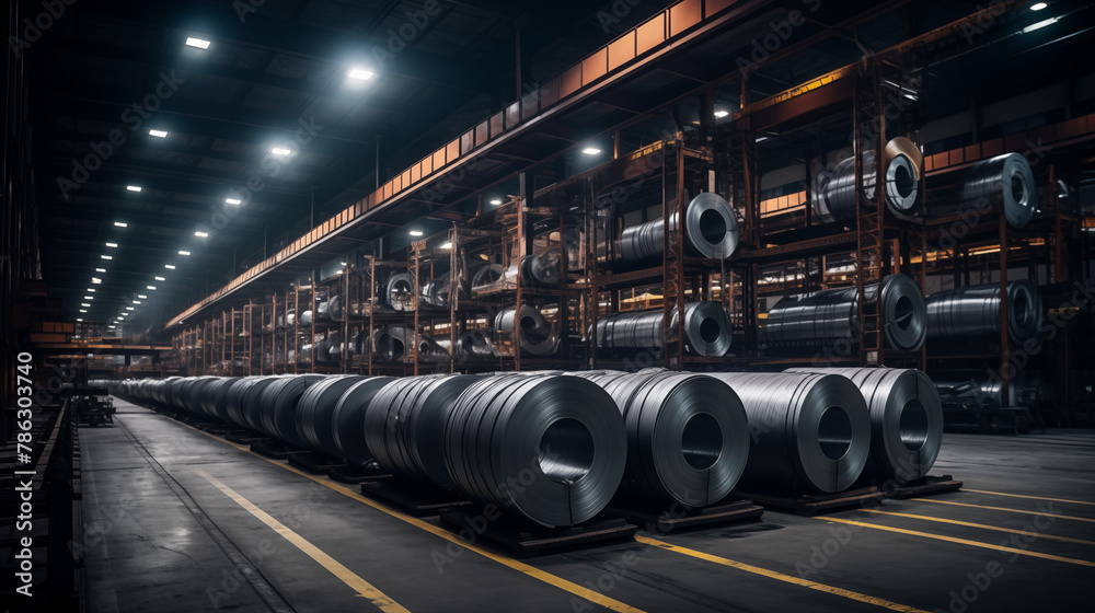 Fototapeta premium Industrial Warehouse Scene: Long Rolls of Steel Stacked High