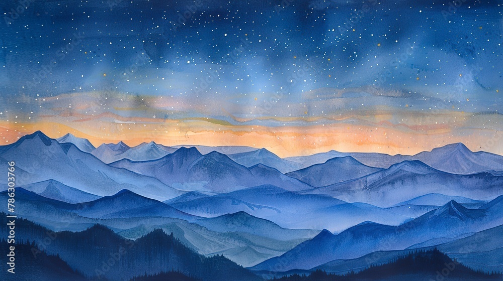 Watercolor of a clear starry night over the Alps, peaceful and vast