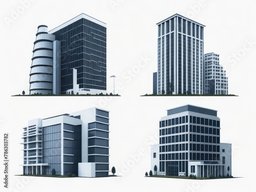 Different styles of modern buildings isolated on white background  high rise buildings.