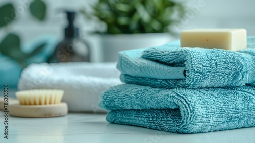 Spa concept with toiletries, soap, and towel on blurred white bathroom background for relaxation