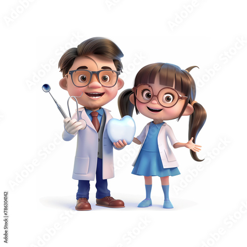 Kind pediatric dentist in full height, in a white coat, glasses, with instruments in his hands and a happy little girl beside him isolated on a white background