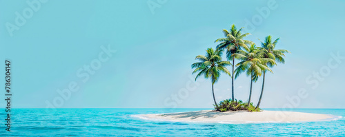 ile d  serte recouverte de sable et de palmiers  fond bleu clair - mer turquoise