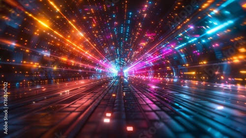 The flash neon and light glowing on a dark background. Fast moving lines. High speed motion blur. Technology internet of the future. Sci fiction of hyperspace interstellar travel.