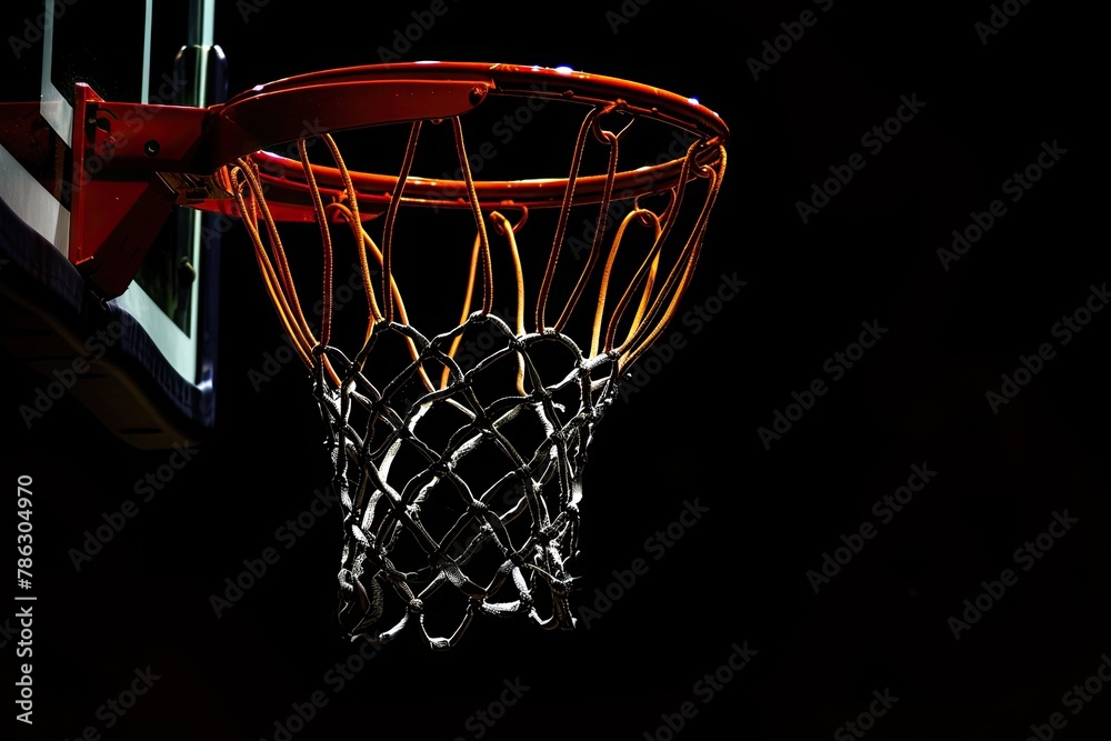 Basketball just about to enter the hoop on black background