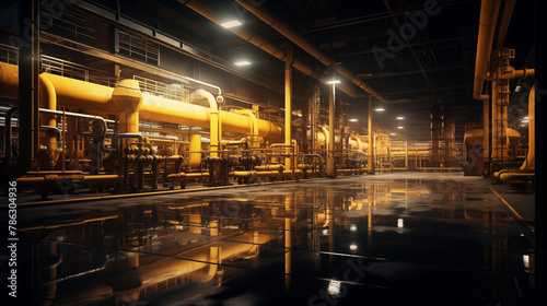 Steel Plant Interior with Yellow Pipes and Machinery