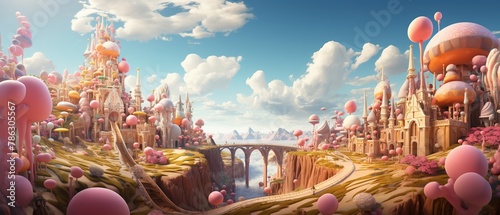 A candy land where structures of gold candy battle against monstrous dental decay, in a sweet and surreal showdown, with copy space photo