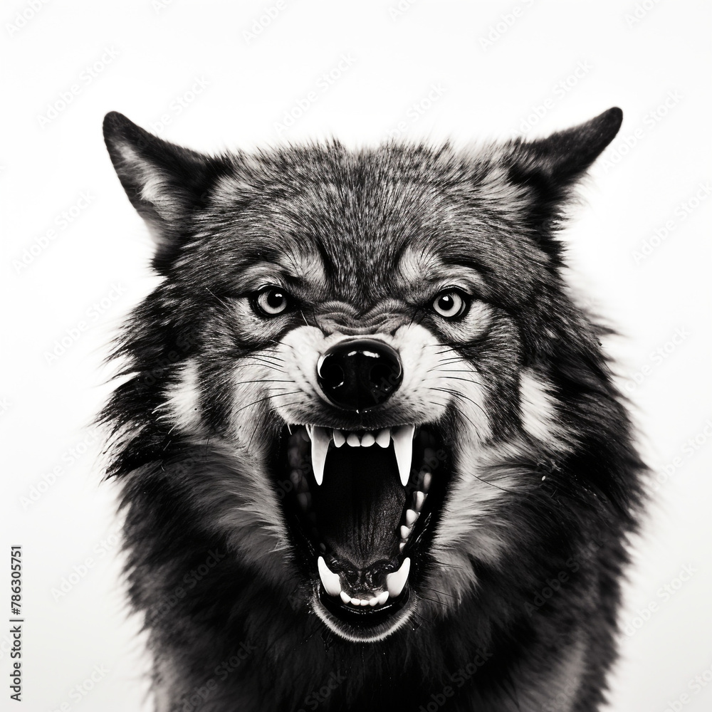 black and white wolf, mouth open snarling, contrast, white background сreated with Generative Ai black and white wolf, mouth open snarling, contrast, white background сreated with Generative Ai
