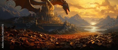 A colossal dragon hoarding a mountain of shimmering coins, battling a legion of armored knights made of solid gold, under a crimson sky photo