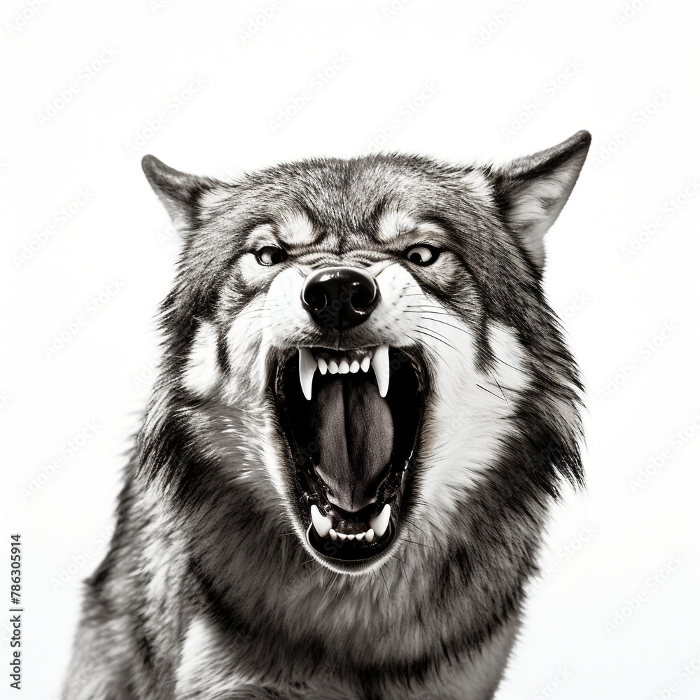 black and white wolf, mouth open snarling, contrast, white background сreated with Generative Ai