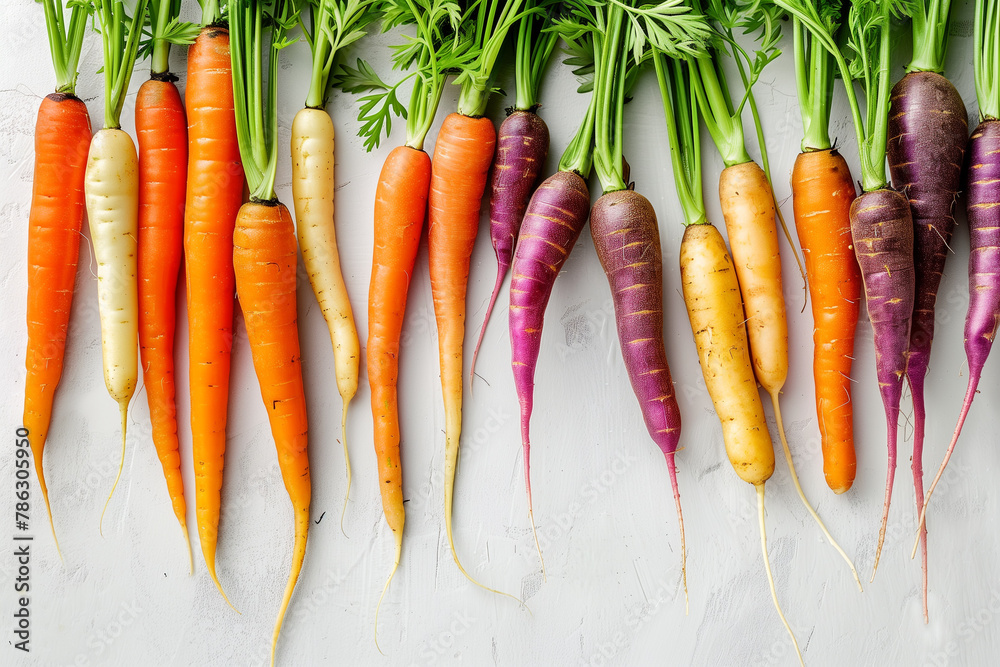 colorful carrots on a white table, top view - obrazy, fototapety, plakaty 