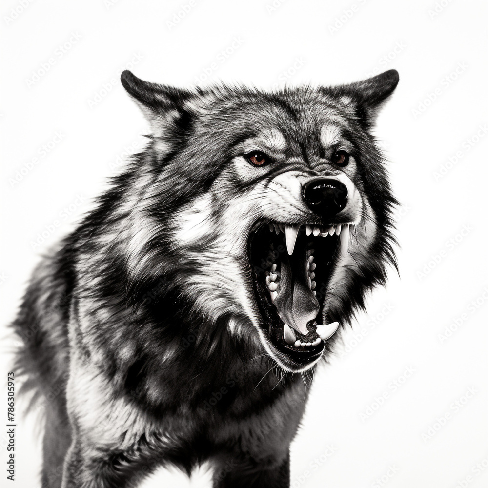 black and white wolf, mouth open snarling, contrast, white background сreated with Generative Ai black and white wolf, mouth open snarling, contrast, white background сreated with Generative Ai