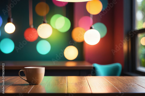 Table top with neon glowing lights bokeh in background, copy space, coffee cup