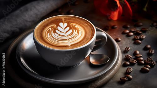 hot coffee with latte art on dark coffee beans background