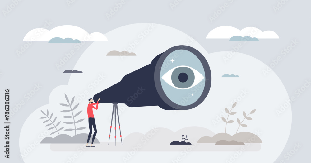 Fototapeta premium Visionary leader searching for future business solutions tiny person concept. Strong leadership with high ambitions and new sights exploration vector illustration. Vision for new goals and challenges