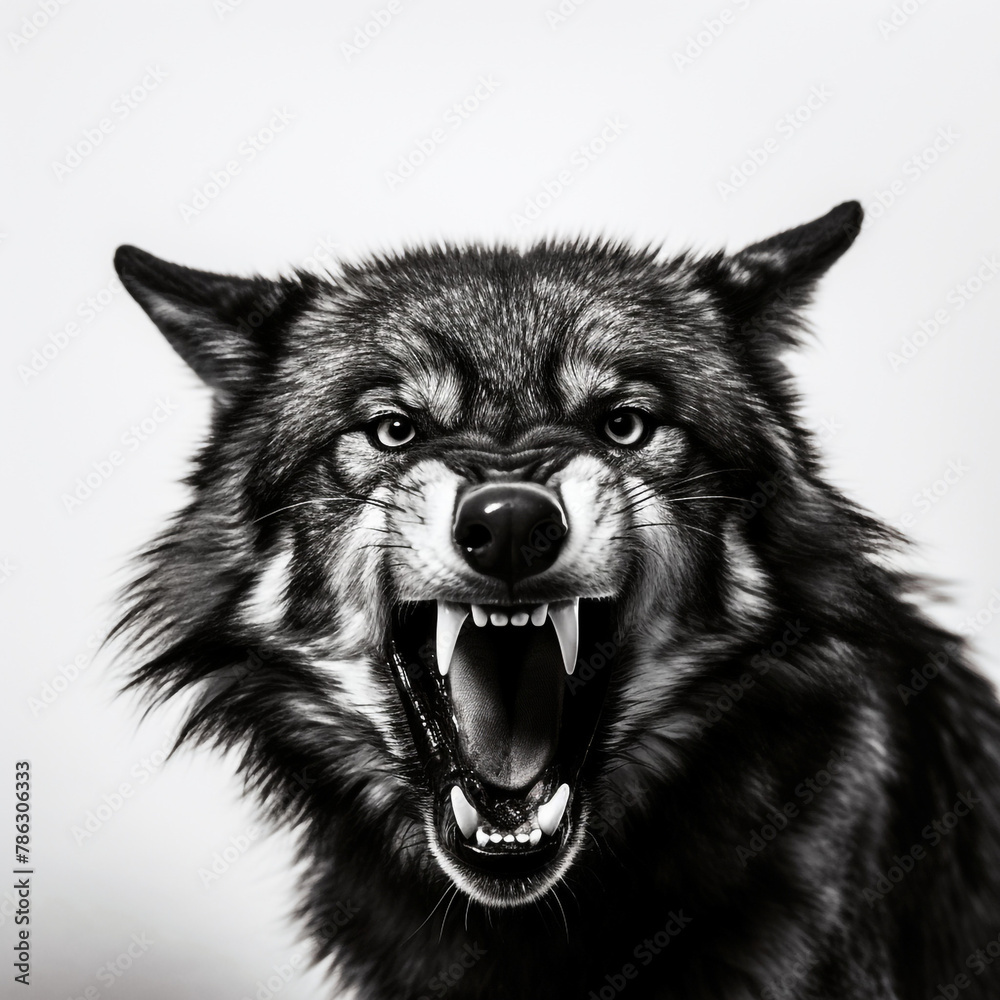 black and white wolf, mouth open snarling, contrast, white background сreated with Generative Ai black and white wolf, mouth open snarling, contrast, white background сreated with Generative Ai