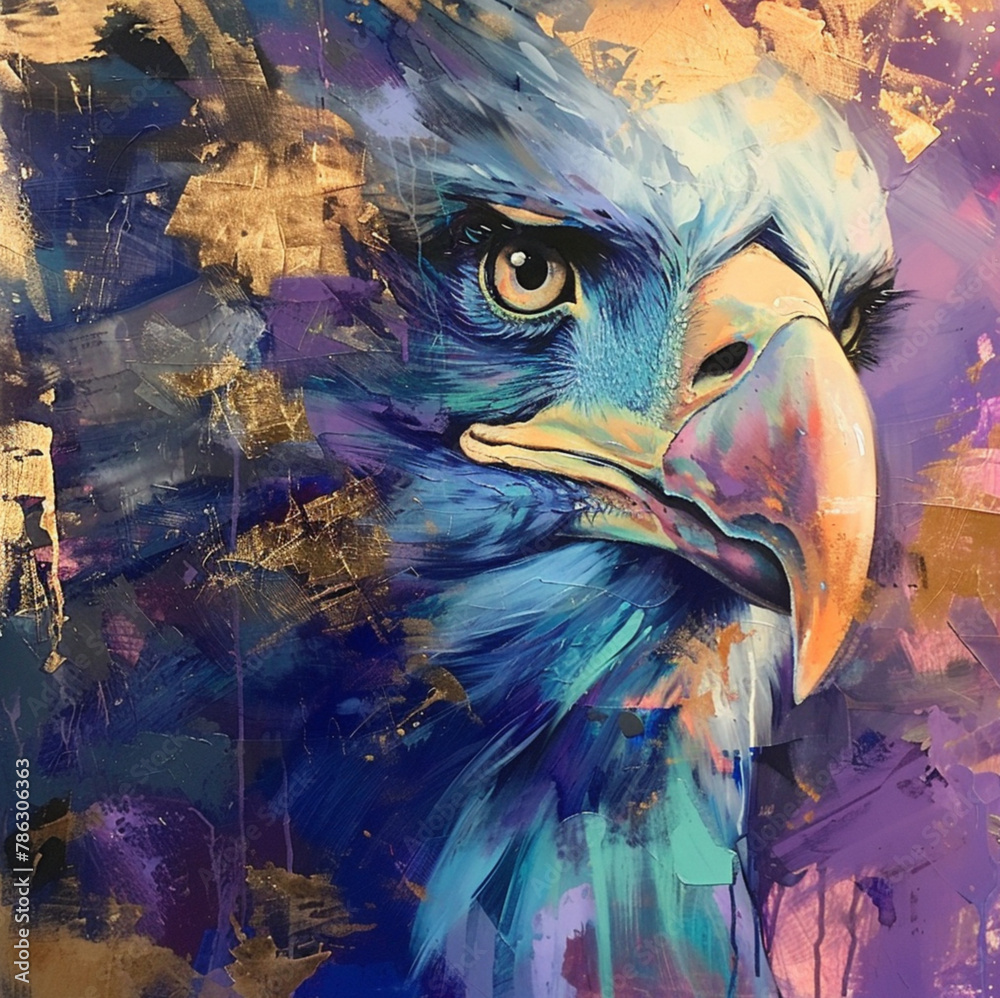 Fototapeta premium bald eagle with goddess, abstract realism art, vibrant colors, blues, violets and golds