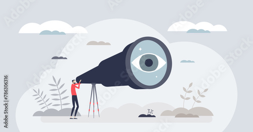 Visionary leader searching for future business solutions tiny person concept. Strong leadership with high ambitions and new sights exploration vector illustration. Vision for new goals and challenges photo