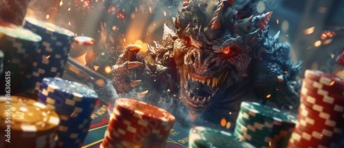 A highstakes game in a casino where chips turn into monsters fighting over gold, with copy space photo